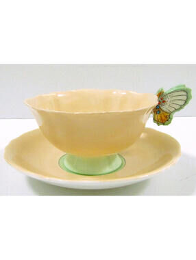 Antique Paragon Peach and Green Butterfly Handle Teacup and Saucer 1940s